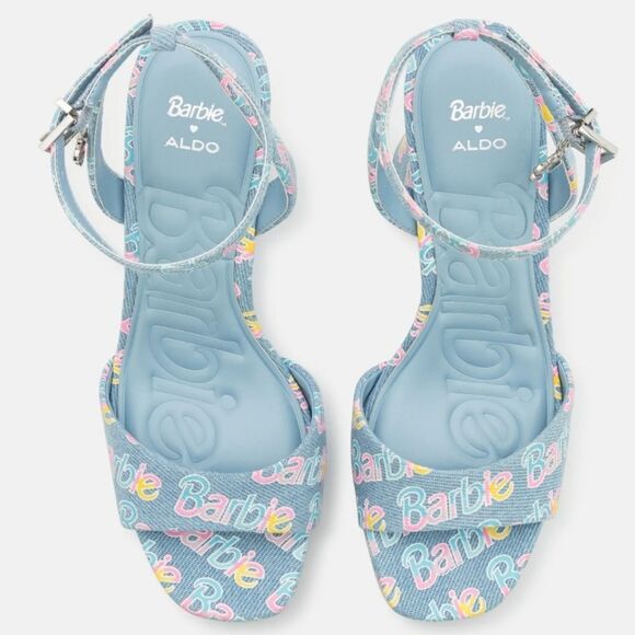 BRAND NEW ALDO BARBIE PARTY PRINTED  DENIM STRAPPY PLATFORM HEELED PLATF… G1 - Picture 13 of 16